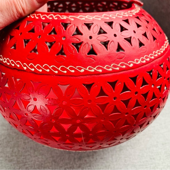 Cost Plus World Market Other - Round Openwork Votive Candle Holder Red Scarlet World Market Painted Metal EUC